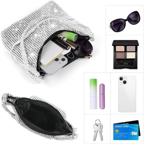 Evening Bag Clutch Purses for Women, Rhinestones Sparkling Detachable Chain - Picture 3 of 8